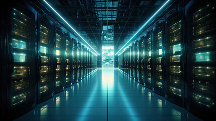 Obraz premium Shot of Corridor in Working Data Center Full of Rack Servers and Supercomputers. Created with generative AI technology.
