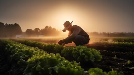 Fototapeta premium plowing, plantation, farmer, family farming, field, lettuce plantation, plantation, generative ai