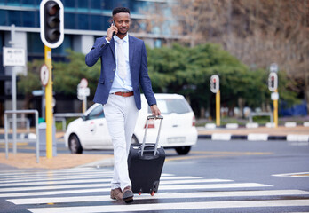 Travel, phone call and suitcase with black man in city for business trip, communication and networking. Journey, flight and luggage with male employee in street for contact, social media and mobile - obrazy, fototapety, plakaty