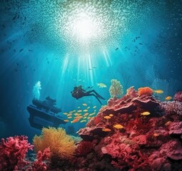 Fototapeta na wymiar scuba_diver_and_boat_in_snorkeling_on_corals