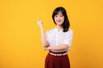 Portrait young asian woman enterpriser happy smile dressed in white shirt and red plants showing...
