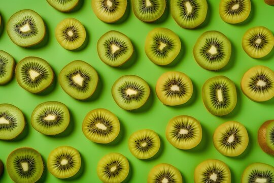 Kiwi fruit pattern on a green background. Flat lay, top view. Generative AI