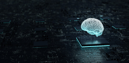 Artificial Intelligence hardware concept. 
Glowing blue brain circuit on microchip on computer motherboard. 
big data processing, ai trading, machine learning, technology, 3D illustration, 3D renderin