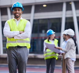 Architect, civil engineering and portrait of happy man with arms crossed for industrial design, construction site and team. Male contractor, infrastructure and project management of property building