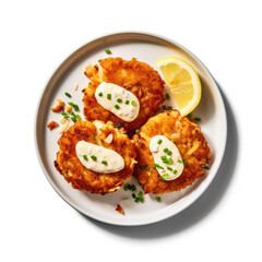 Fototapeta na wymiar Delicious Plate of Crab Cakes Isolated on a White Background. Generative AI