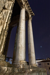 The ancient Temple of Augustus, Pula, Croatia at night with Jupiter in the Background