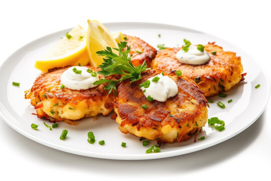 Delicious Plate of Crab Cakes Isolated on a White Background. Generative AI