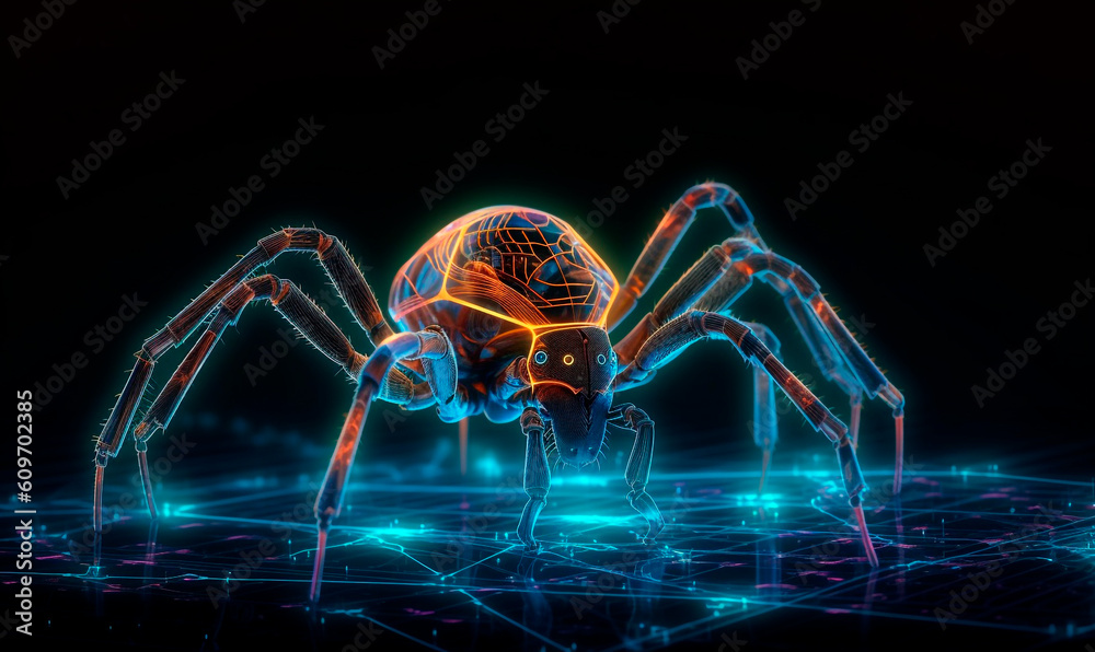 Wall mural cyberspider on digital glowing web background. purple 3d techno insect with yellow force field creat