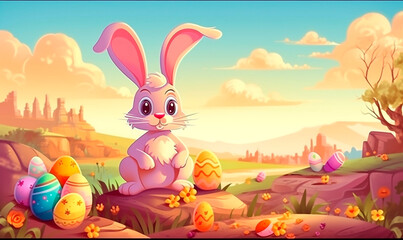 Kawaii easter bunny with eggs background. Cute happy hare on 3d generative AI bright cartoon lawn with holiday colored decoration