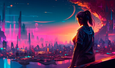 Beautiful girl looks at cybercity future background. Futuristic 3d purple city with generative AI skyscrapers and young meditative woman in techno clothes and hairstyle
