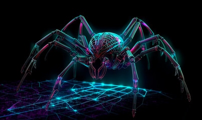 Neon cyber spider weaves digital web background. Purple techno 3d insect creates glowing generative AI network to protect and hack system