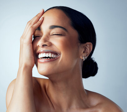 Hand, Skincare And And Happy Woman In Studio For Body Care, Self Love And Natural Cosmetic On Grey Background. Smile, Dermatology And Female Model Relax With Luxury Wellness, Beauty And Glowing Skin