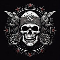 Fototapeta premium A biker's shield emblem featuring a skeleton, motorcycle wheels, pistols, and a hostile attitude, encapsulating the outlaw biker culture. Generative AI