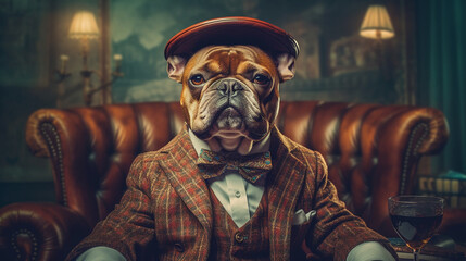 Fototapeta na wymiar Generative AI. A gentleman French Bulldog, dressed in a gentleman's suit and wearing a hat with