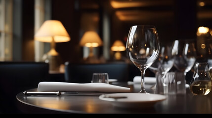 Obraz na płótnie Canvas chic, elegant restaurant, table with cutlery glasses, generative ai