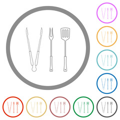 barbecue tools, tongs fork and spatula outline flat icons with outlines