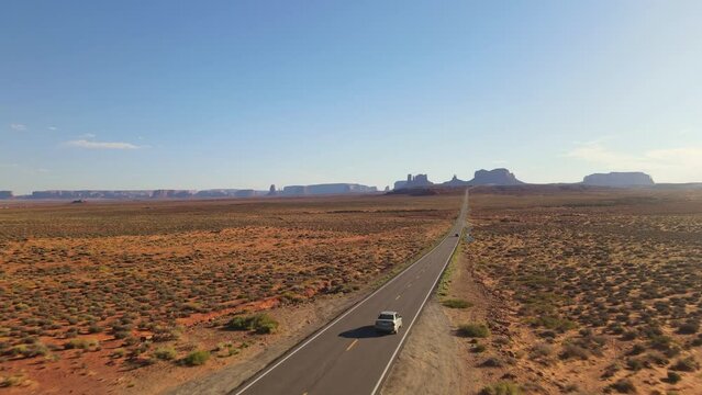 Immerse yourself in the stunning vistas of Monument Valley, Arizona, as our drone takes you on a breathtaking journey.