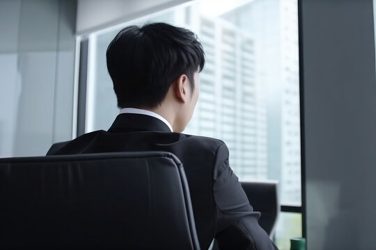 Asian businessman in the office by the window. view from the back. ai, ai generative, generative ai, neural network