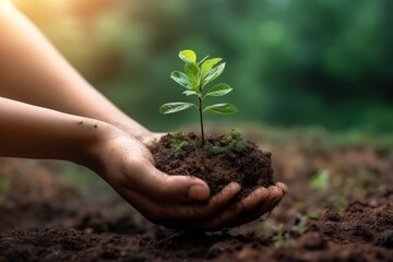 Planting trees on world environment day. Hands of were planting seedling on soil. Bokeh green background female hand holding tree on nature field grass forest conservation concept. Generative Ai