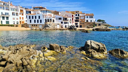 Panorama of the beach in the Spanish city of Calella de Palafrugell in spring 2023