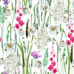 Watercolor delicate wildflowers, green herbs floral seamless pattern. Blooming meadow tile. Hand drawn elegant, botanical background. Repeatable texture, wrapping paper,wallpaper, fabric, textile