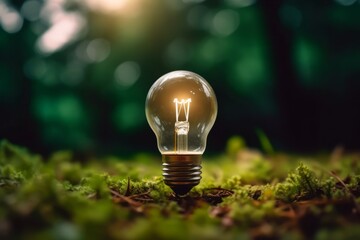 Idea of renewable energy and energy saving. Energy saving light bulb and tree growing on the ground on bokeh nature background. Saving, accounting and financial concept. Generative Ai