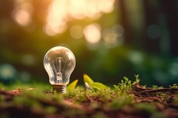 Idea of renewable energy and energy saving. Energy saving light bulb and tree growing on the ground on bokeh nature background. Saving, accounting and financial concept. Generative Ai