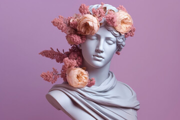Naklejka premium Purple Ancient Greek bust statue with pastel colored flowers on a purple background created with AI generative technology