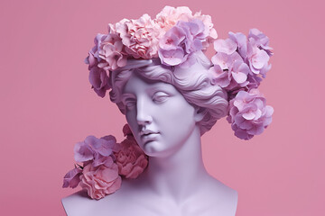 Purple Ancient Greek bust statue with pastel colored flowers on a purple background created with AI generative technology