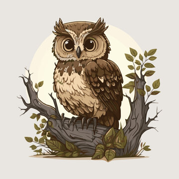 owl sitting on branch vector art 