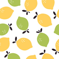 Cute summer background with lemon and lime. Citrus fruits seamless pattern. Vector illustration. It can be used for wallpapers, wrapping, cards, patterns for clothes and other.