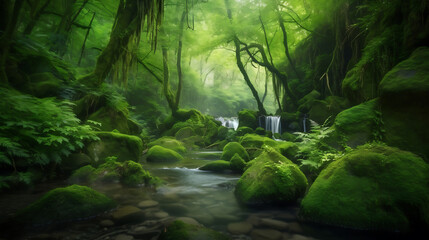Green magical forest river nature background generative ai