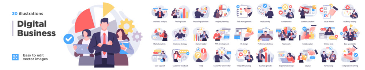 Digital Business Concept illustrations. Mega set. Collection of scenes with men and women taking part in business activities. Vector illustration