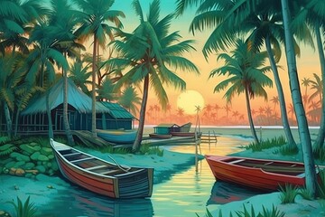Fototapeta na wymiar small_boats_docked_in_the_tropical_beach