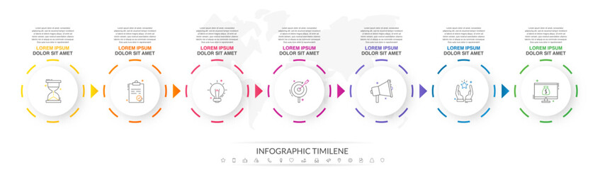 Business vector infographics with 7 circles and arrows. Timeline visualization with seven steps for diagram, flowchart, banner, presentations, web, content, levels, chart, graphic
