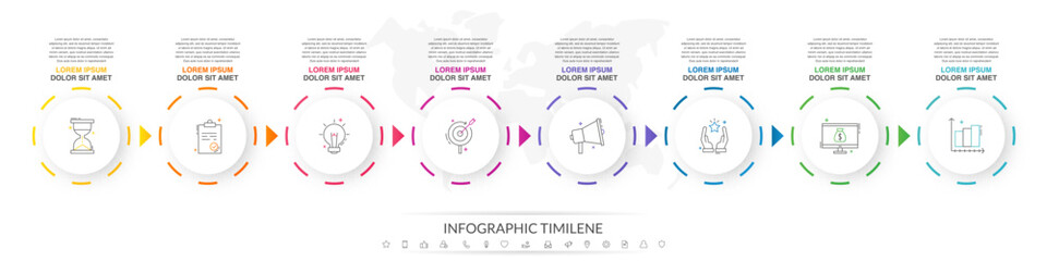 Business vector infographics with 8 circles and arrows. Timeline visualization with eight steps for diagram, flowchart, banner, presentations, web, content, levels, chart, graphic