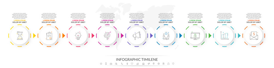 Business vector infographics with 9 circles and arrows. Timeline visualization with nine steps for diagram, flowchart, banner, presentations, web, content, levels, chart, graphic
