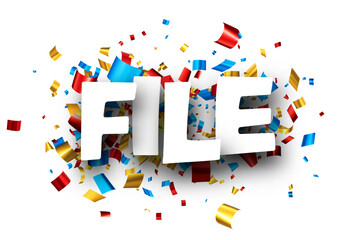 File sign over colorful cut out foil ribbon confetti background. Design element. Vector illustration.