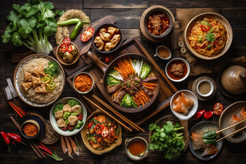 Different kinds of Asian cuisine on a table. Created with Generative AI.