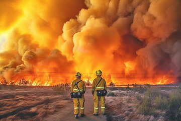 Obraz premium Firefighters Observing Large Wildfire from a Field - AI Generative