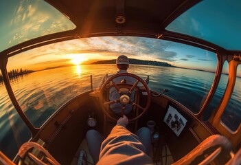 person_drives_a_boat_at_sunset