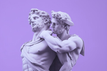 Gay Ancient Greek purple statue couple on a pastel purple background created with AI generative tools