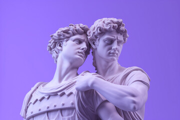 Fototapeta na wymiar Gay Ancient Greek purple statue couple on a pastel purple background created with AI generative tools