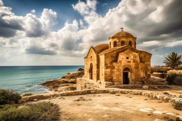 Old Greek church near the sea. Created with Generative AI.