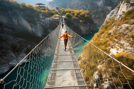 Fototapeta Adventurous Traveler Crossing Rope Bridge Over Deep Valley.