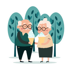 Elderly people active lifestyle flat composition. Senior couple eating ice cream