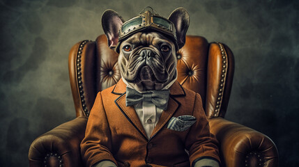 Obraz premium Generative AI. A gentleman French Bulldog, wearing a steampunk suit with a war helmet is sitting in the war hammer