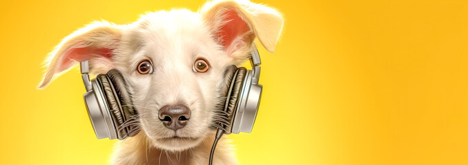 dog with headphones on yellow background, banner with copy space, made with Generative AI