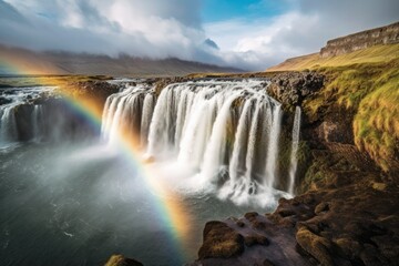 Fototapeta na wymiar Majestic combination of a waterfall and a vibrant rainbow. Generative AI