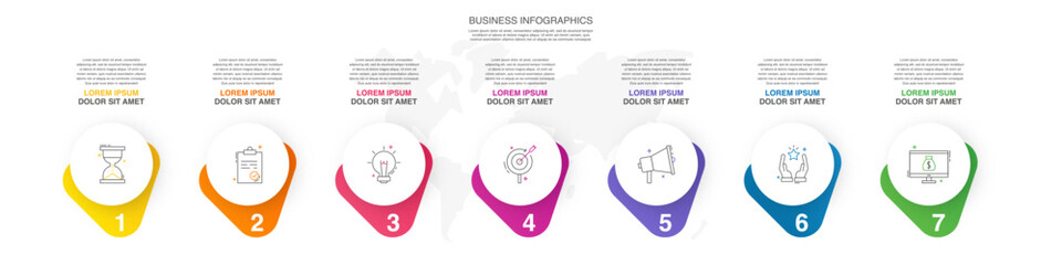 Vector infographic design template. Modern timeline concept with seven steps, circles. Vector illustration used for diagram, workflow layout, banner, webdesign, presentations, flowchart